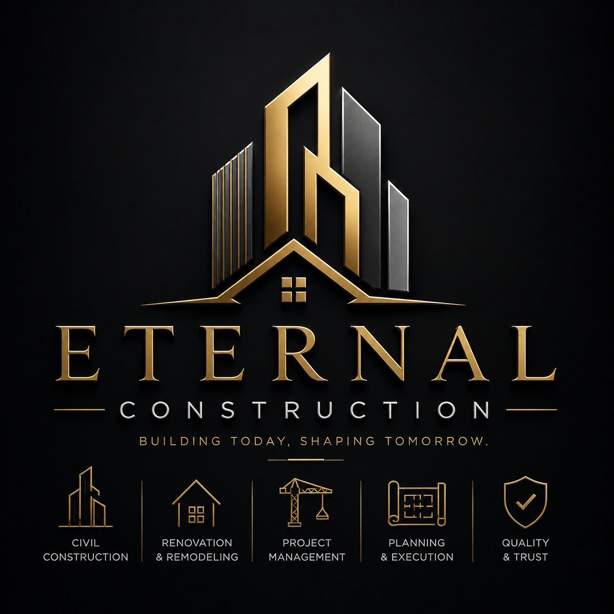 Criativo institucional da Eternal Construction em fundo escuro